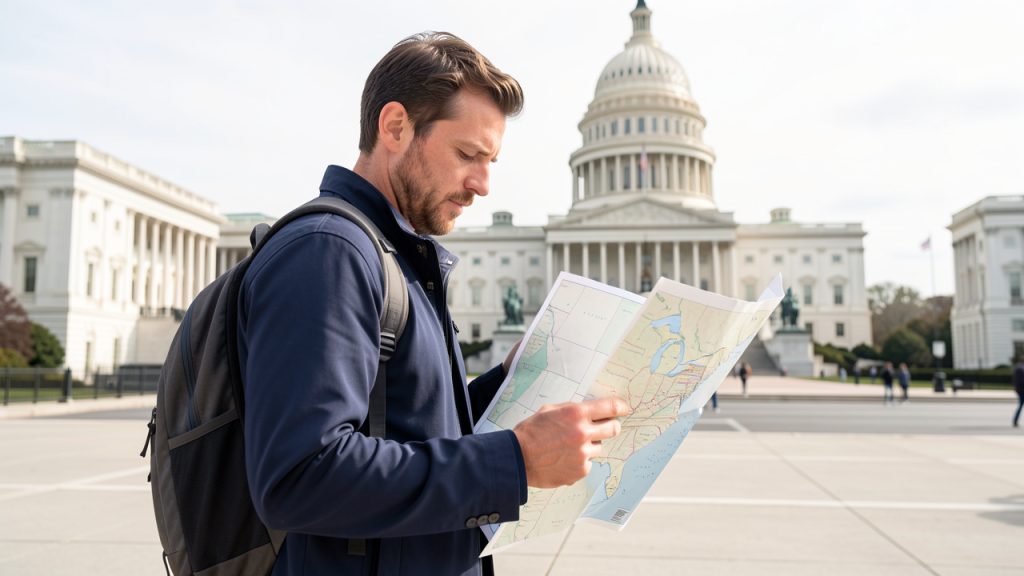Voyageur français consultant une carte des États-Unis devant le Capitole à Washington, dans une ambiance lumineuse et sobre.