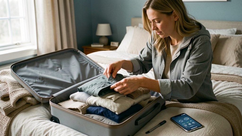 Une voyageuse prépare une valise ouverte avec des vêtements superposables, une veste imperméable, un pull fin et un téléphone affichant des symboles météorologiques.