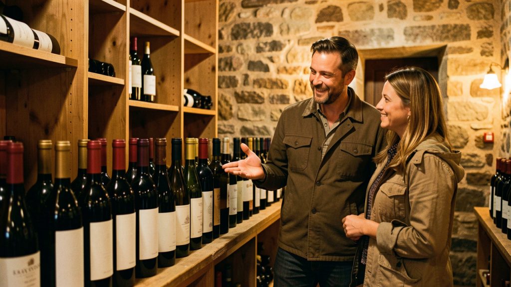 Un caviste conseille un homme et une femme devant une sélection de bouteilles sans inscriptions lisibles, dans une cave chaleureuse à l’ambiance réaliste.