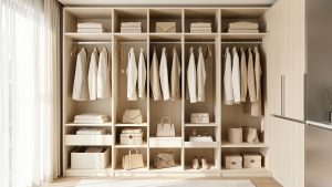 Dressing lumineux et minimaliste avec des vêtements aux tons neutres, des accessoires délicats et une organisation élégante et soignée.