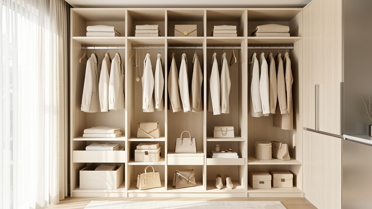 Dressing lumineux et minimaliste avec des vêtements aux tons neutres, des accessoires délicats et une organisation élégante et soignée.