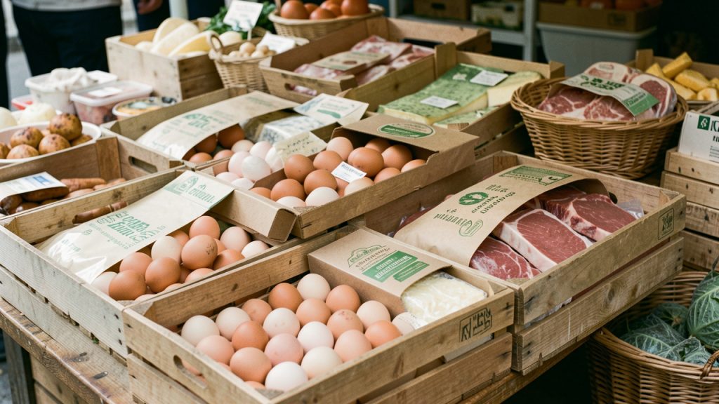 Étal de marché français présentant des œufs, du fromage artisanal et de la viande issue de l’agriculture biologique dans des emballages sobres et sans marque.