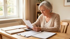 Une retraitée française consulte un relevé de pension et utilise une calculatrice à une table éclairée par la lumière naturelle.