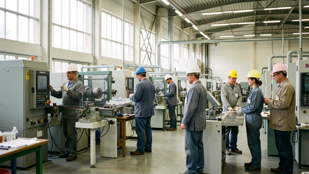 Vue réaliste d’une usine française en activité, avec des hommes et des femmes salariés portant des casques de sécurité dans un atelier moderne éclairé par la lumière naturelle.