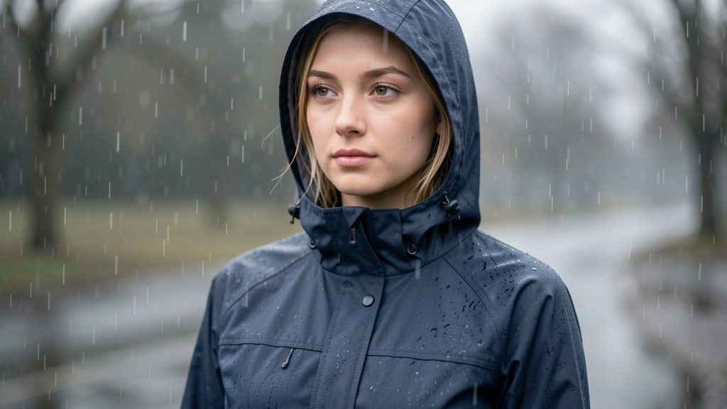 Femme portant une veste urbaine imperméable sous une pluie légère, avec un gros plan réaliste sur la texture technique du tissu.