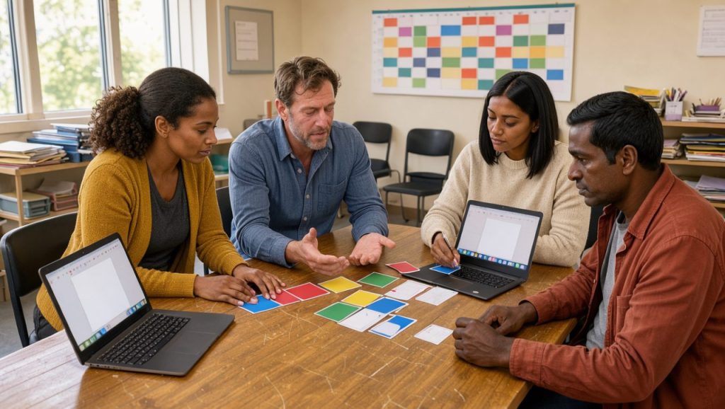 Quatre bénévoles, deux femmes et deux hommes, travaillent ensemble autour d’une table avec des ordinateurs portables, des documents vierges et un calendrier collaboratif coloré dans une salle lumineuse.