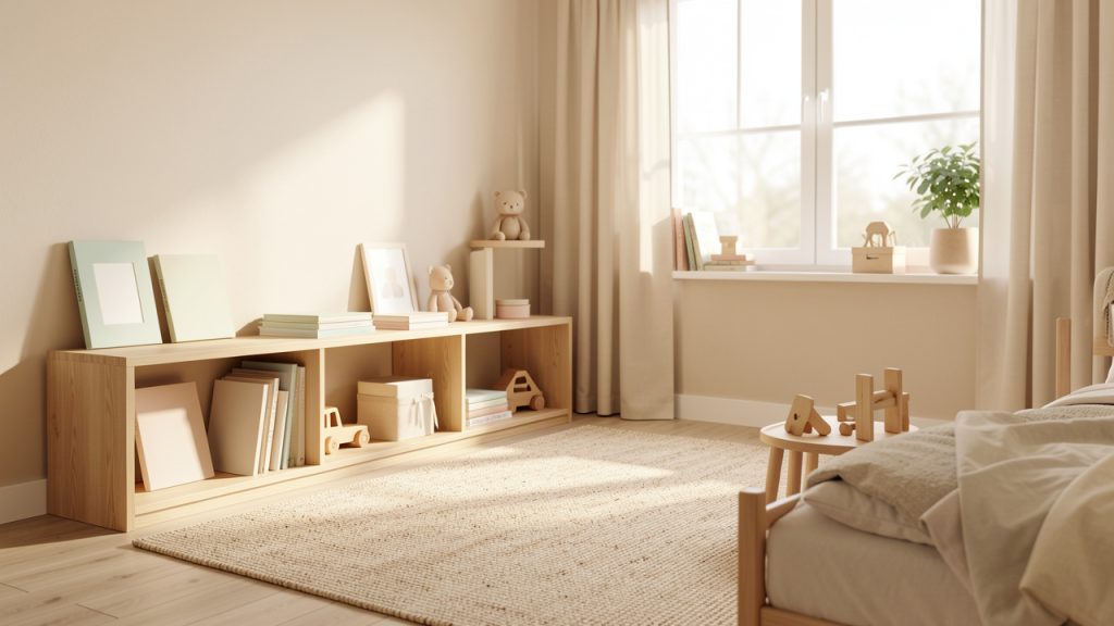 Chambre d’enfant lumineuse et épurée avec rangements bas en bois, tapis doux, livres aux couvertures unies et jouets accessibles.