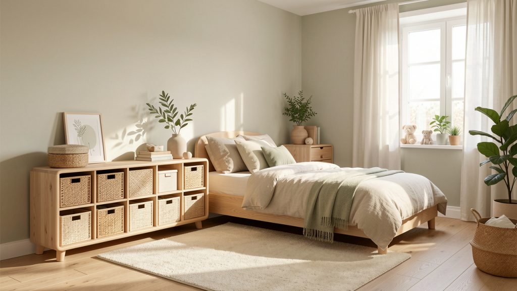 Chambre d’enfant lumineuse et épurée avec rangements bas en bois, tapis doux, paniers tressés et décoration naturelle.