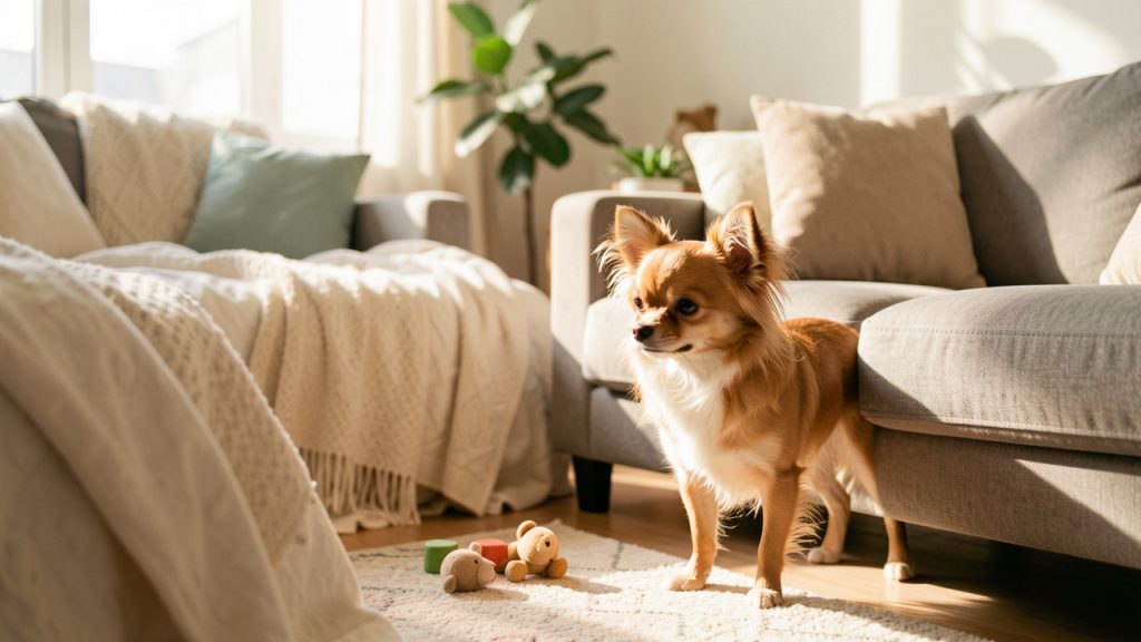 Petit Chihuahua à poil long debout dans un salon d’appartement lumineux et chaleureux, près d’un panier et de quelques jouets.