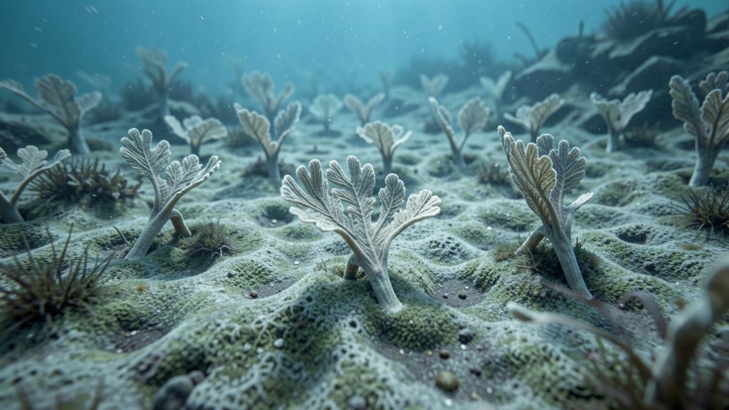 Reconstitution réaliste d’un fond marin de l’Édiacarien, avec des organismes mous en forme de frondes fixés sur un tapis microbien sous une lumière bleutée.