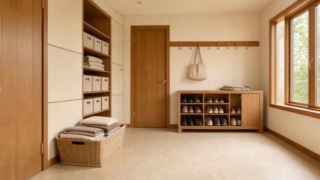 Intérieur familial lumineux et ordonné avec rangements discrets, panier à linge et entrée soigneusement organisée dans une ambiance chaleureuse.
