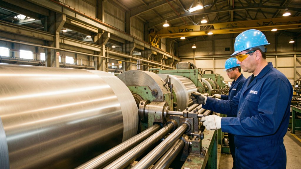 Vue réaliste d’une ligne industrielle fabriquant des tôles électriques, avec de grandes bobines d’acier, des machines de transformation et deux opérateurs équipés de protections.