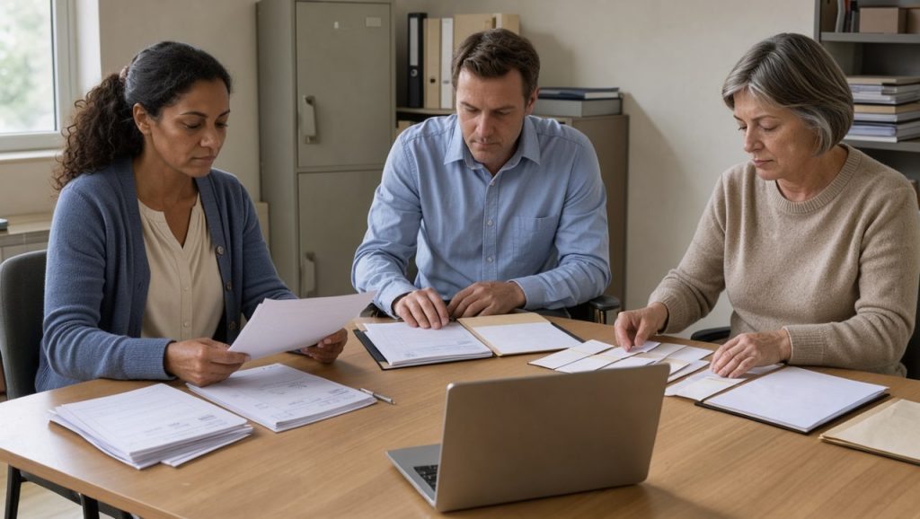 Deux femmes et un homme réunis autour d’une table examinent des documents financiers vierges, des dossiers et un ordinateur portable dans un bureau sobre et professionnel.